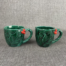 Lefton Vintage Green Holly Christmas Cups Lot of 2