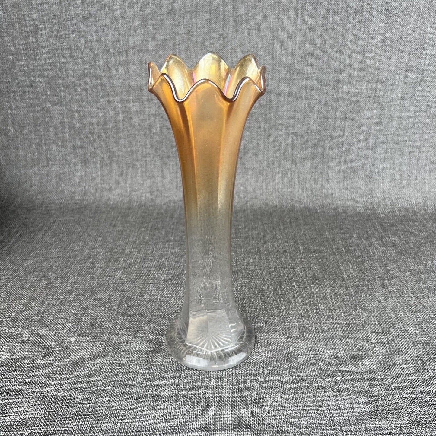 Vintage Carnival Glass Marigold Swung to Clear 9.5" tall