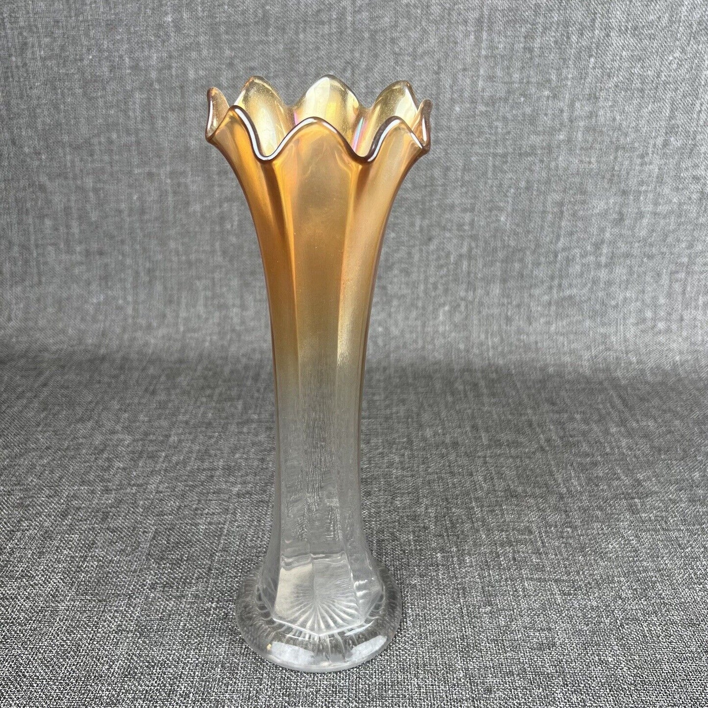 Vintage Carnival Glass Marigold Swung to Clear 9.5" tall