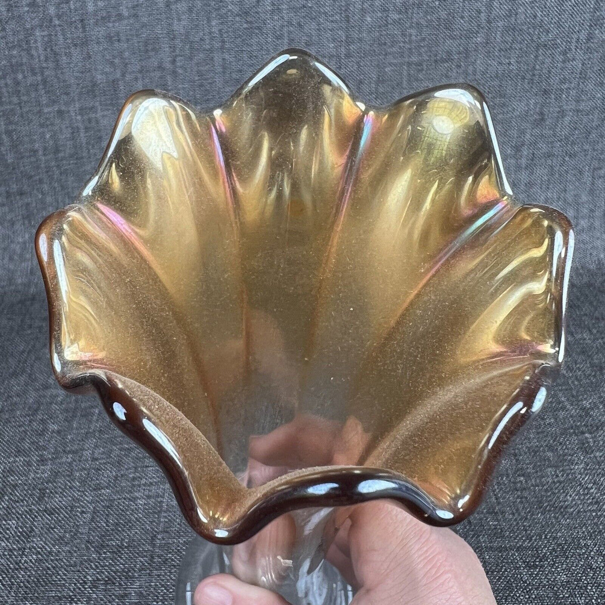 Vintage Carnival Glass Marigold Swung to Clear 9.5" tall