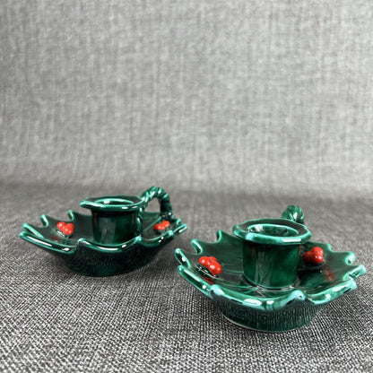 Lefton Vintage Holly Leaf & Berries  Candle Holders Japan - Set of 2