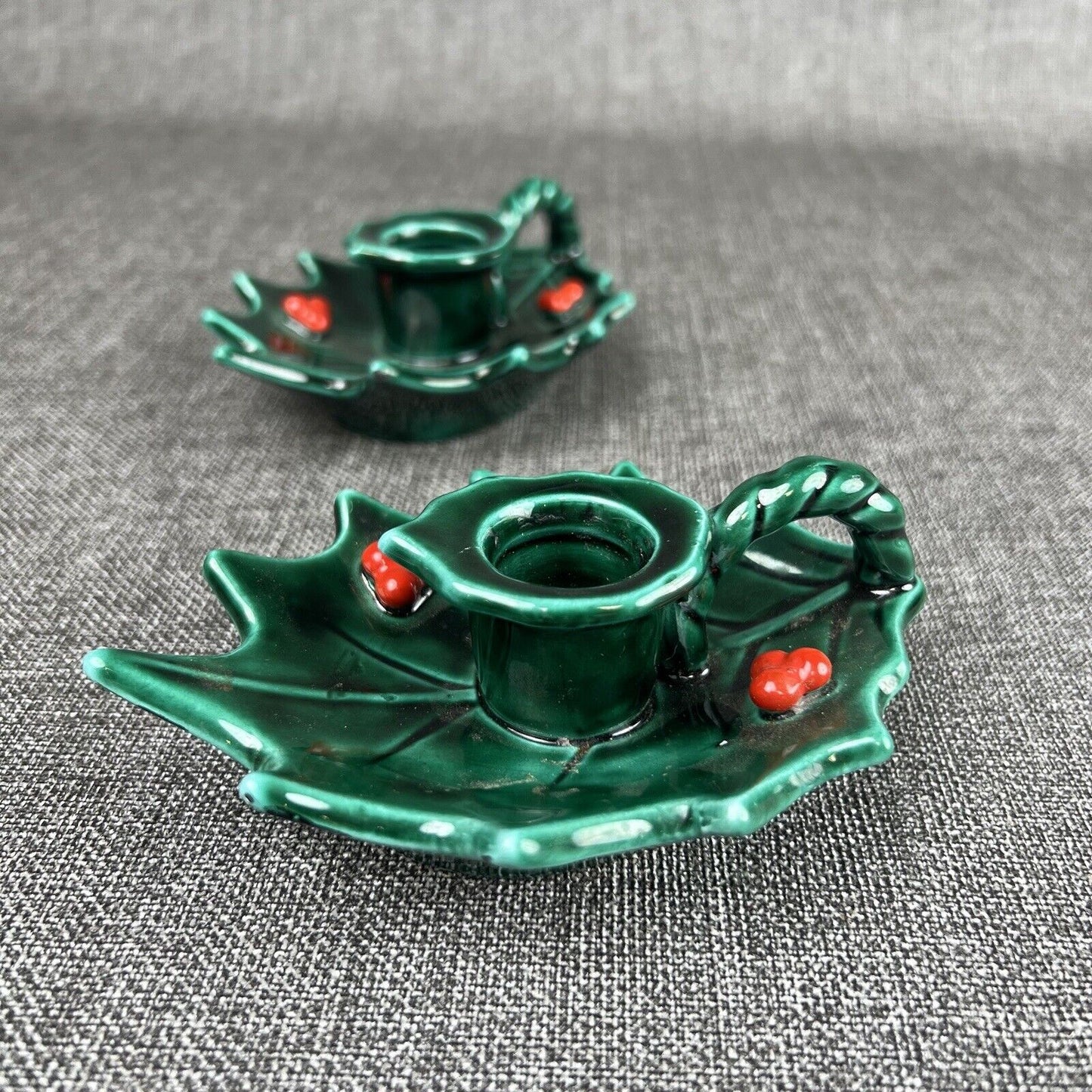 Lefton Vintage Holly Leaf & Berries  Candle Holders Japan - Set of 2