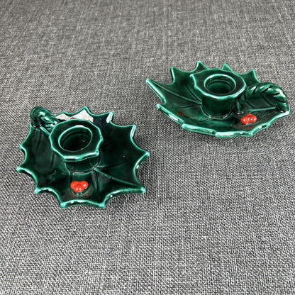 Lefton Vintage Holly Leaf & Berries  Candle Holders Japan - Set of 2