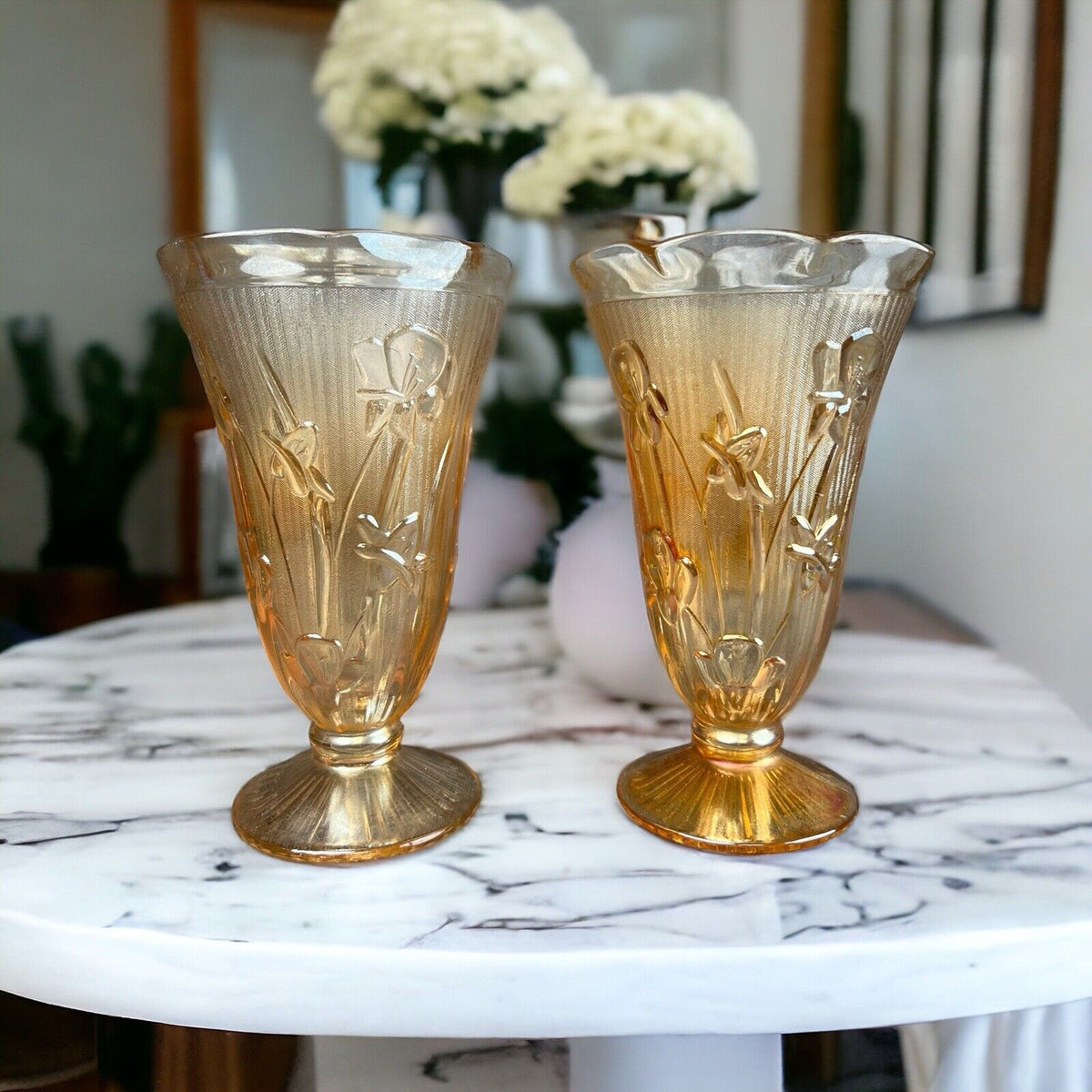 Jeanette Iridesent Carvinal Glass Marigold and Herringbone pair Vases 9" tall