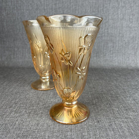 Jeanette Iridesent Carvinal Glass Marigold and Herringbone pair Vases 9" tall