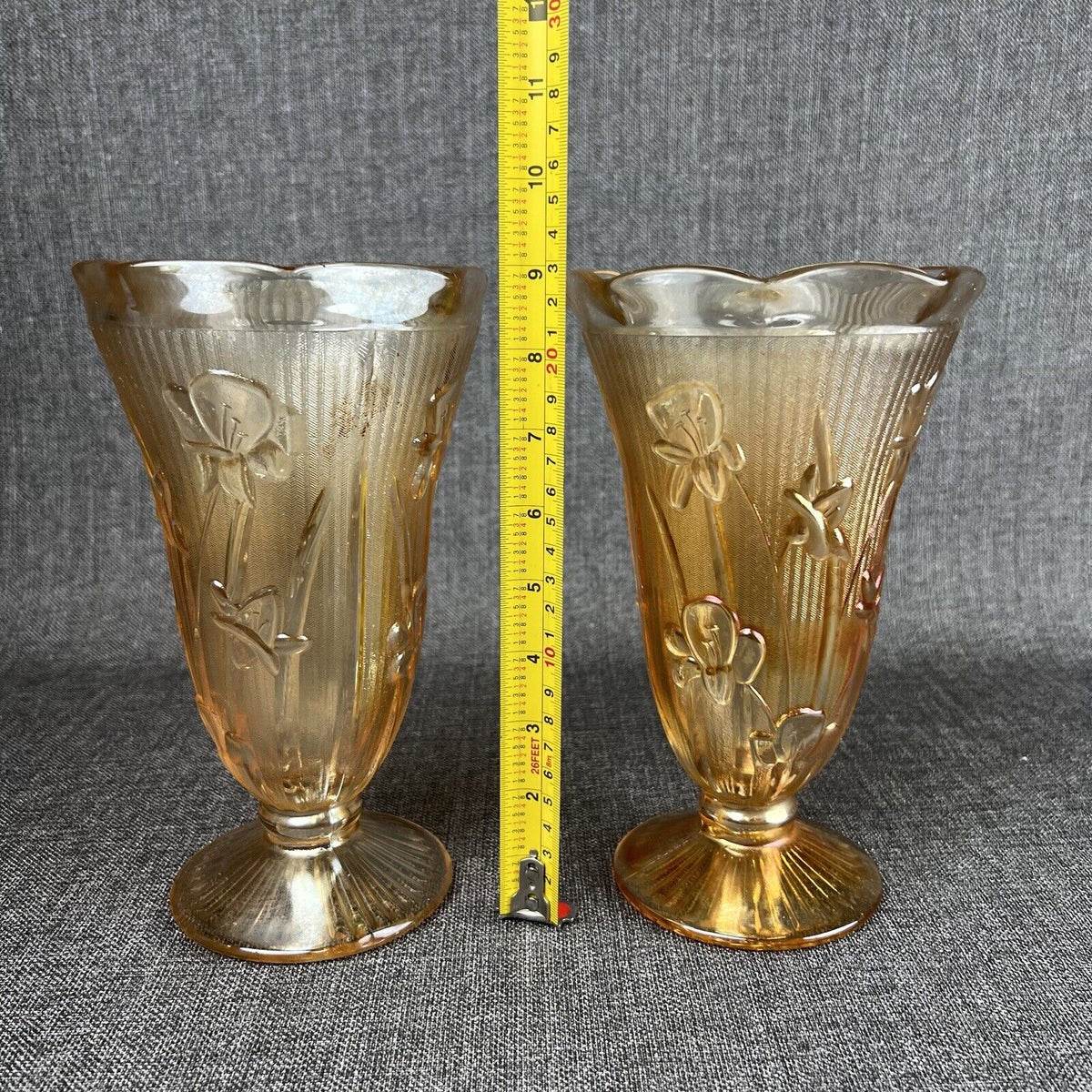 Jeanette Iridesent Carvinal Glass Marigold and Herringbone pair Vases 9" tall