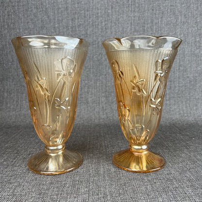 Jeanette Iridesent Carvinal Glass Marigold and Herringbone pair Vases 9" tall