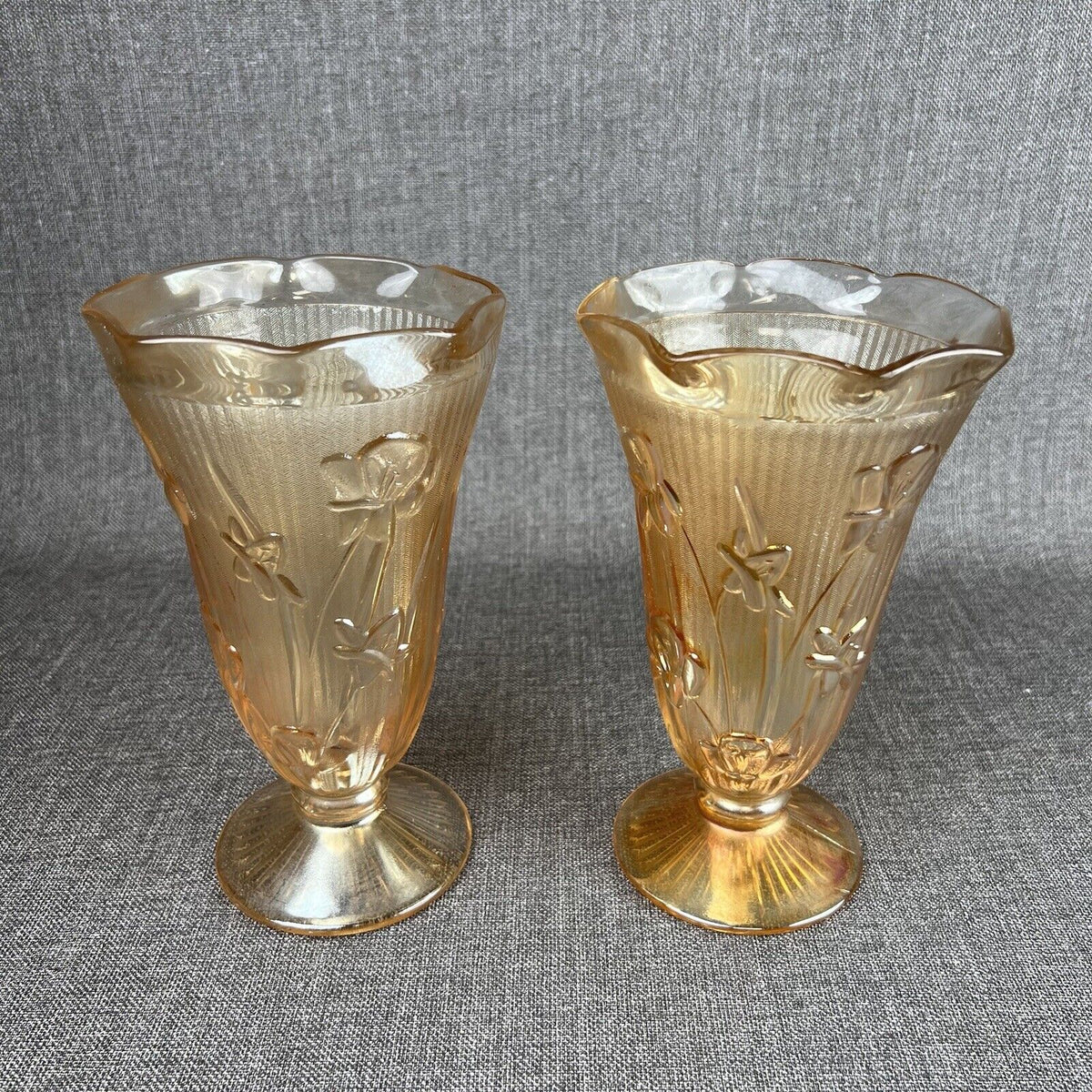 Jeanette Iridesent Carvinal Glass Marigold and Herringbone pair Vases 9" tall