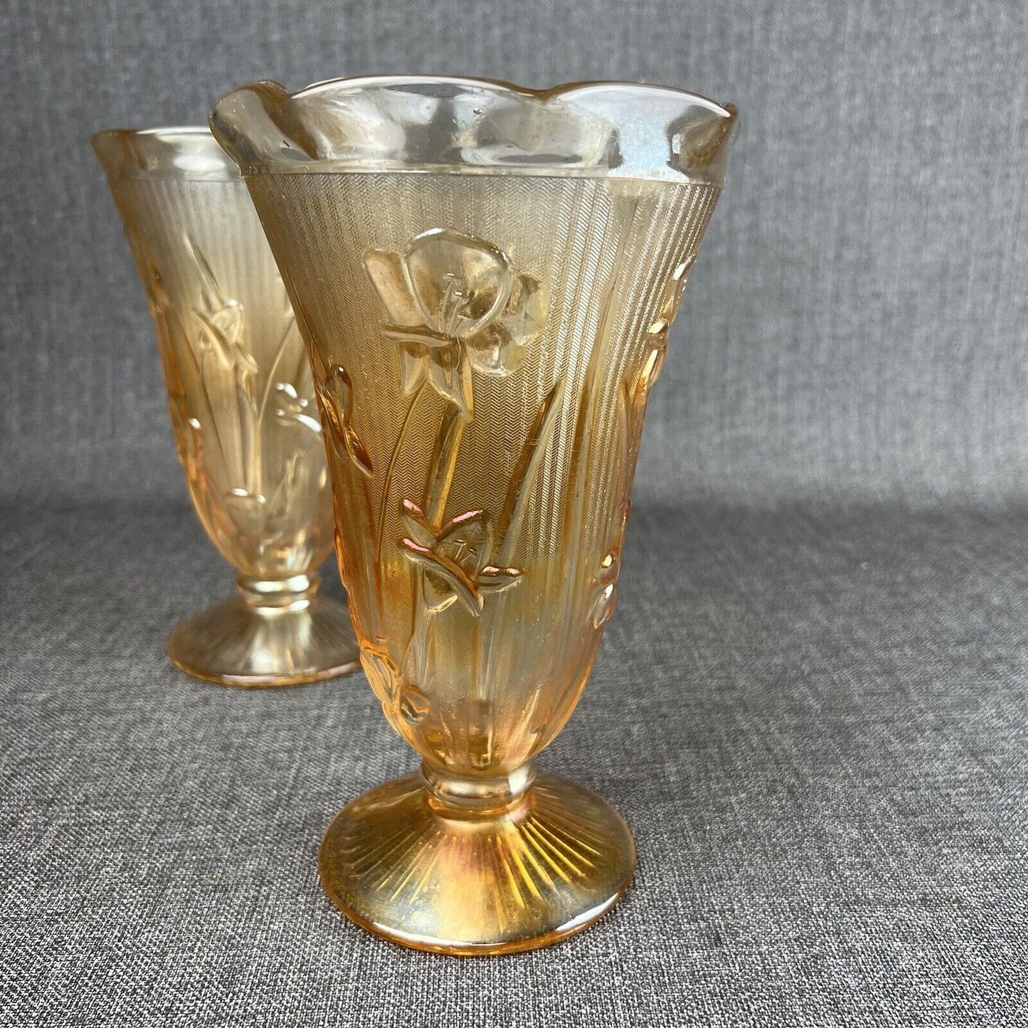 Jeanette Iridesent Carvinal Glass Marigold and Herringbone pair Vases 9" tall