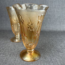 Jeanette Iridesent Carvinal Glass Marigold and Herringbone pair Vases 9" tall