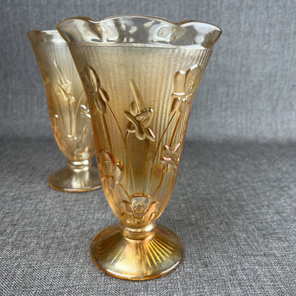 Jeanette Iridesent Carvinal Glass Marigold and Herringbone pair Vases 9" tall