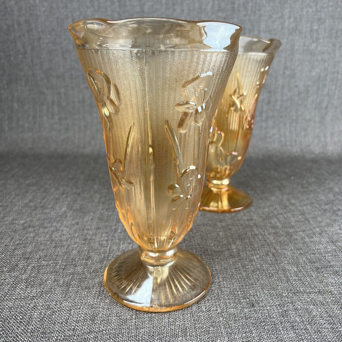 Jeanette Iridesent Carvinal Glass Marigold and Herringbone pair Vases 9" tall