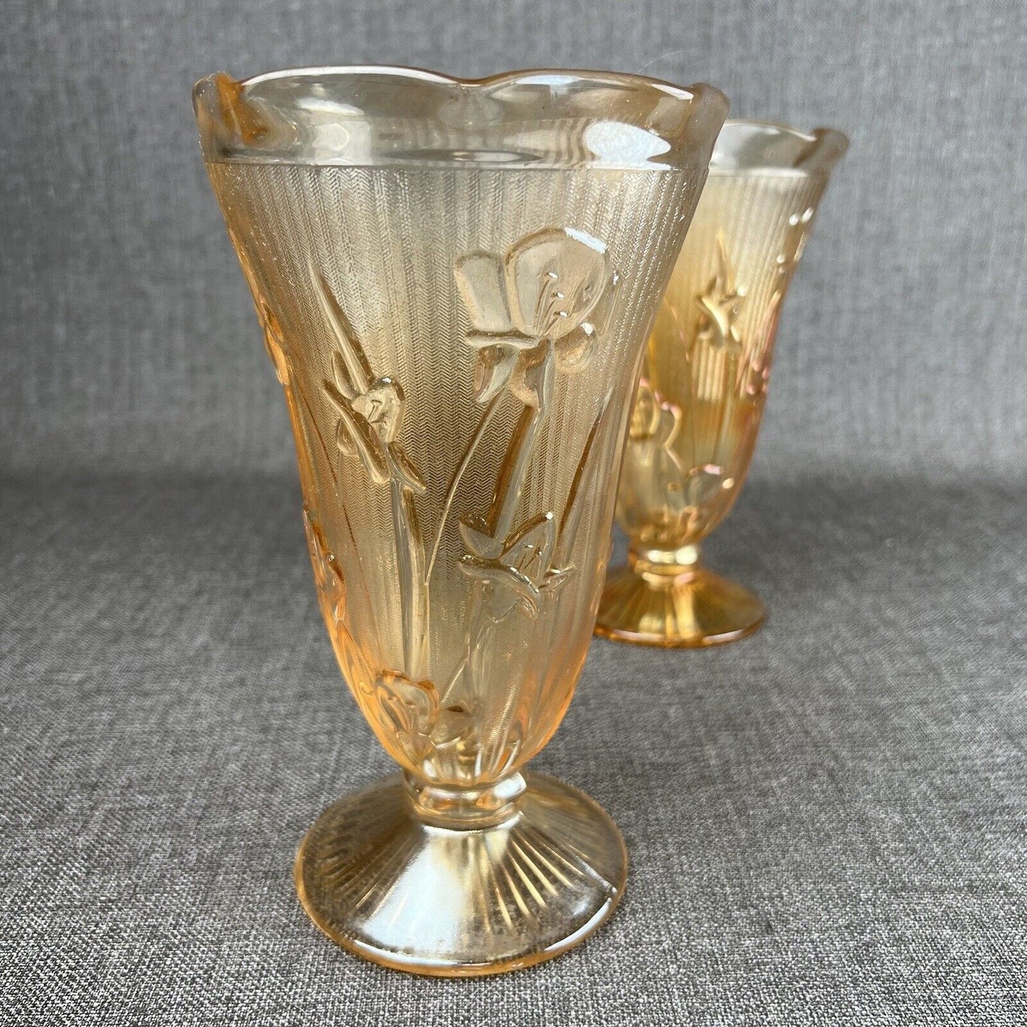 Jeanette Iridesent Carvinal Glass Marigold and Herringbone pair Vases 9" tall