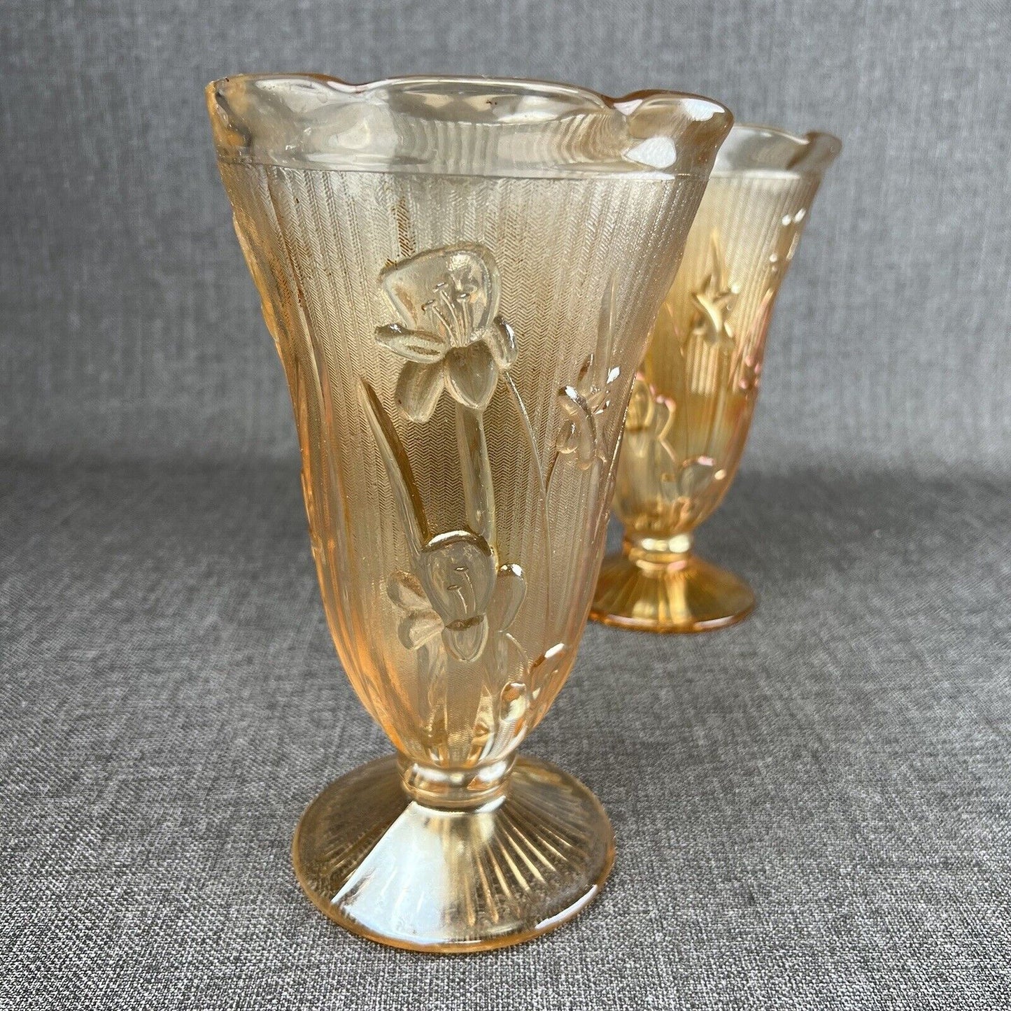 Jeanette Iridesent Carvinal Glass Marigold and Herringbone pair Vases 9" tall