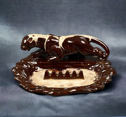 Vintage Mid-Century Jaguar Black Panther Prowling Ceramic Ashtray