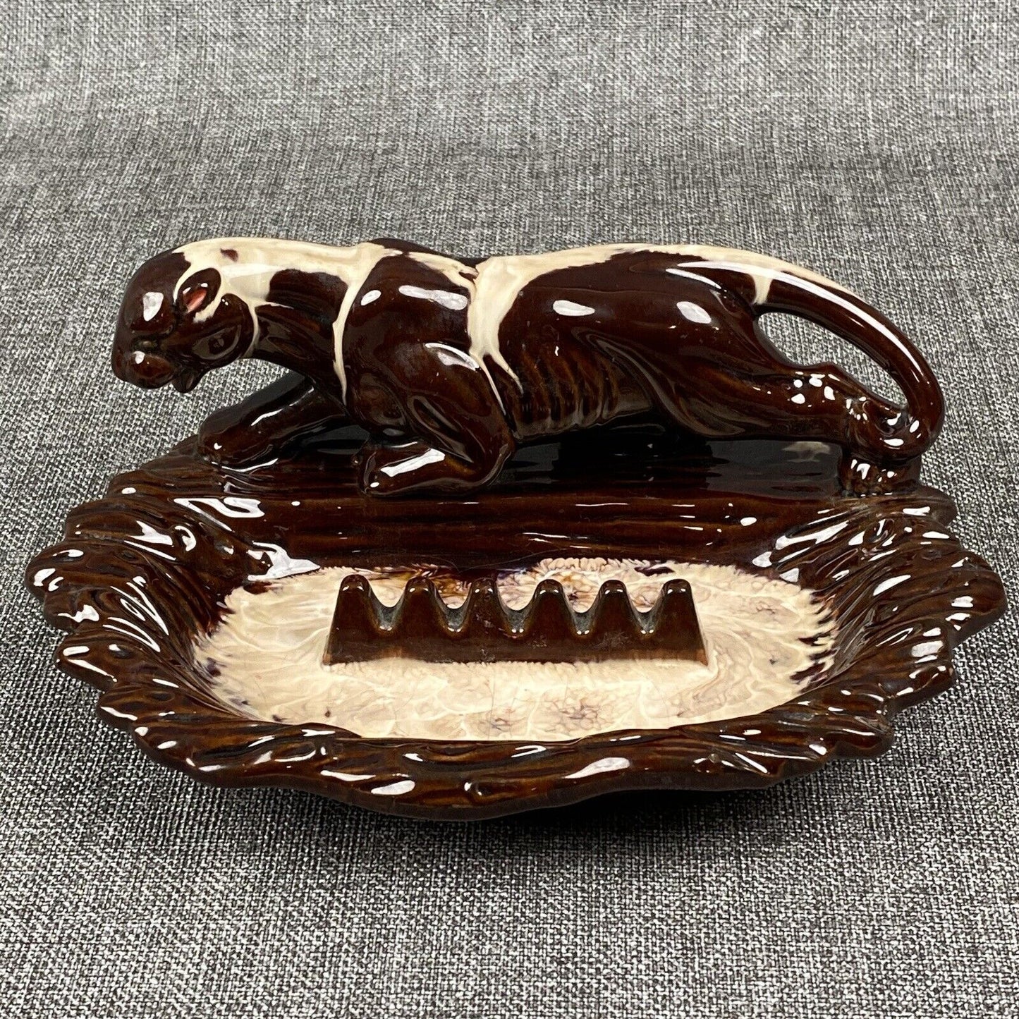 Vintage Mid-Century Jaguar Black Panther Prowling Ceramic Ashtray