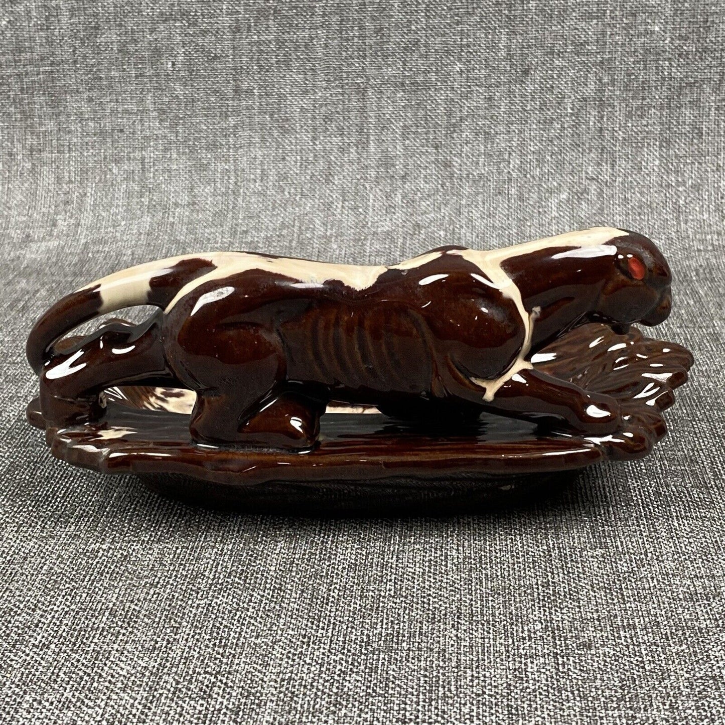 Vintage Mid-Century Jaguar Black Panther Prowling Ceramic Ashtray