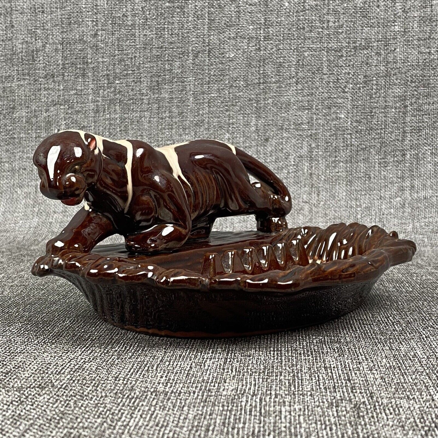 Vintage Mid-Century Jaguar Black Panther Prowling Ceramic Ashtray