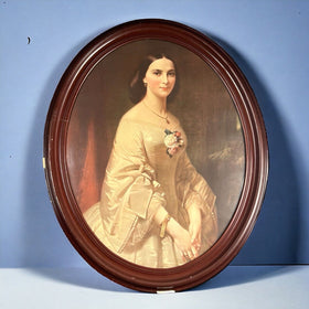 Vintage Oval Portrait Print Wood Frame behind Glass 26" x 33"