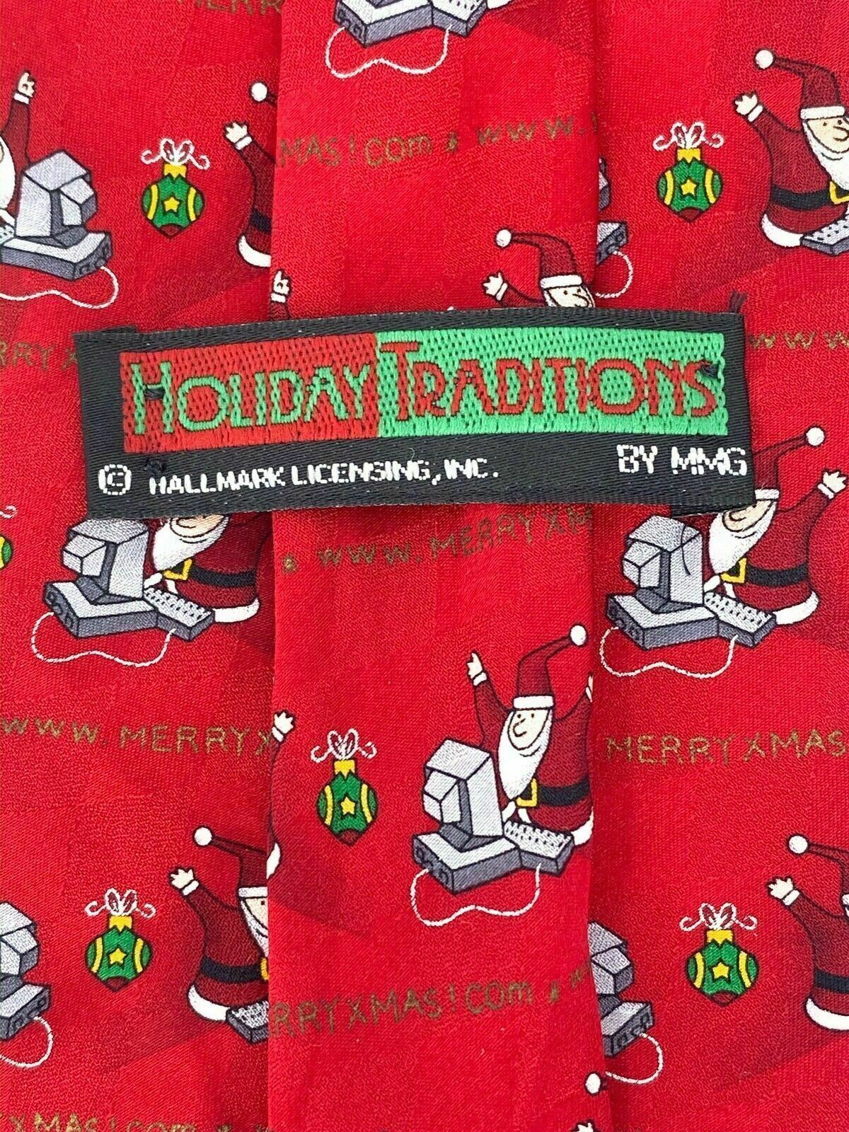 Holiday Mens Neck Tie by MMG Hallmark Design. Santa Claus on computer Red Green