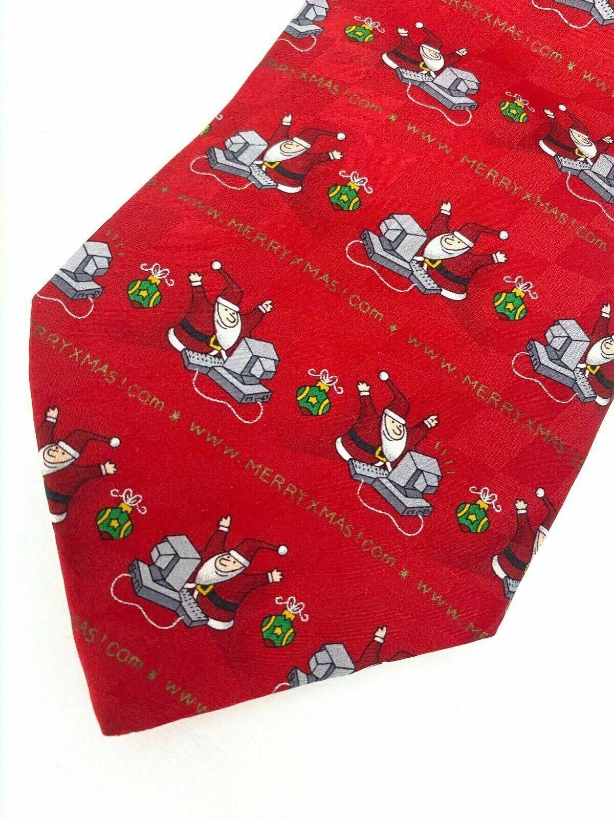 Holiday Mens Neck Tie by MMG Hallmark Design. Santa Claus on computer Red Green