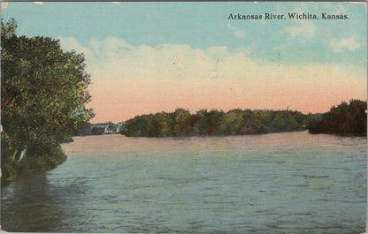 1913 Antique Postcard: Arkansas River, Wichita, Kansas with Stamp