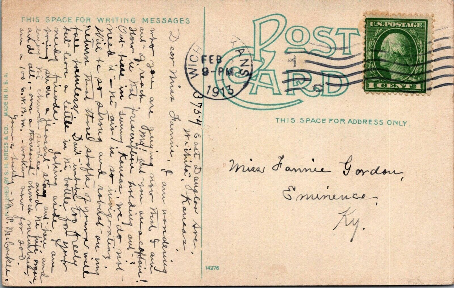 1913 Antique Postcard: Arkansas River, Wichita, Kansas with Stamp