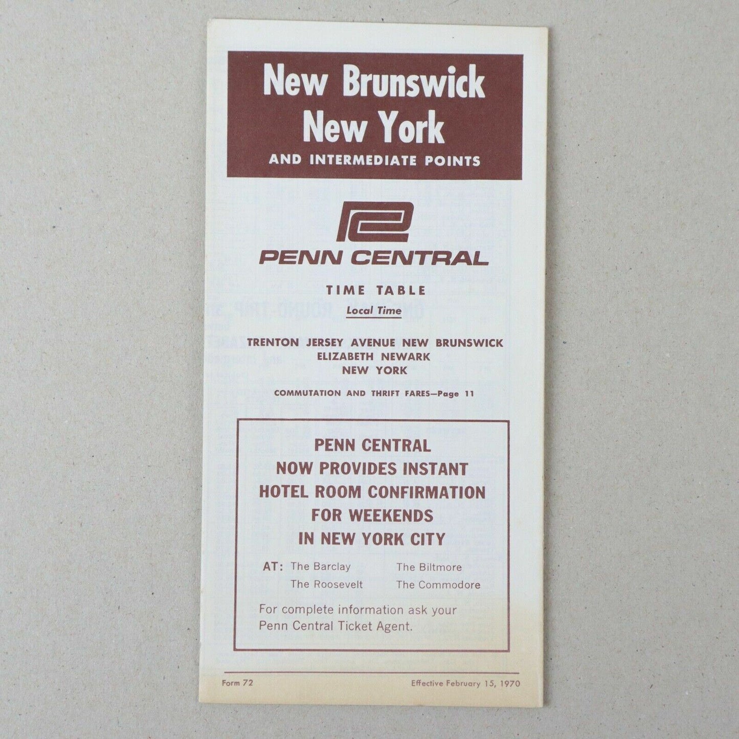 New Brunswick New York Penn Central Railroad Time Table February 15, 1970