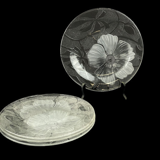 4 Vintage Decorative Glass Plates with 3D Flowers Raised Detail Underside