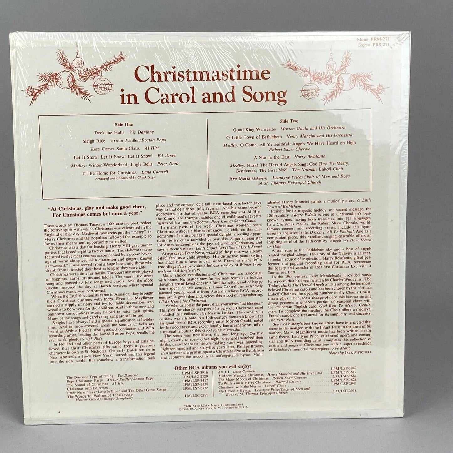 Near Mint, Christmastime in Carol and Song Vinyl Record, RCA Records 1968