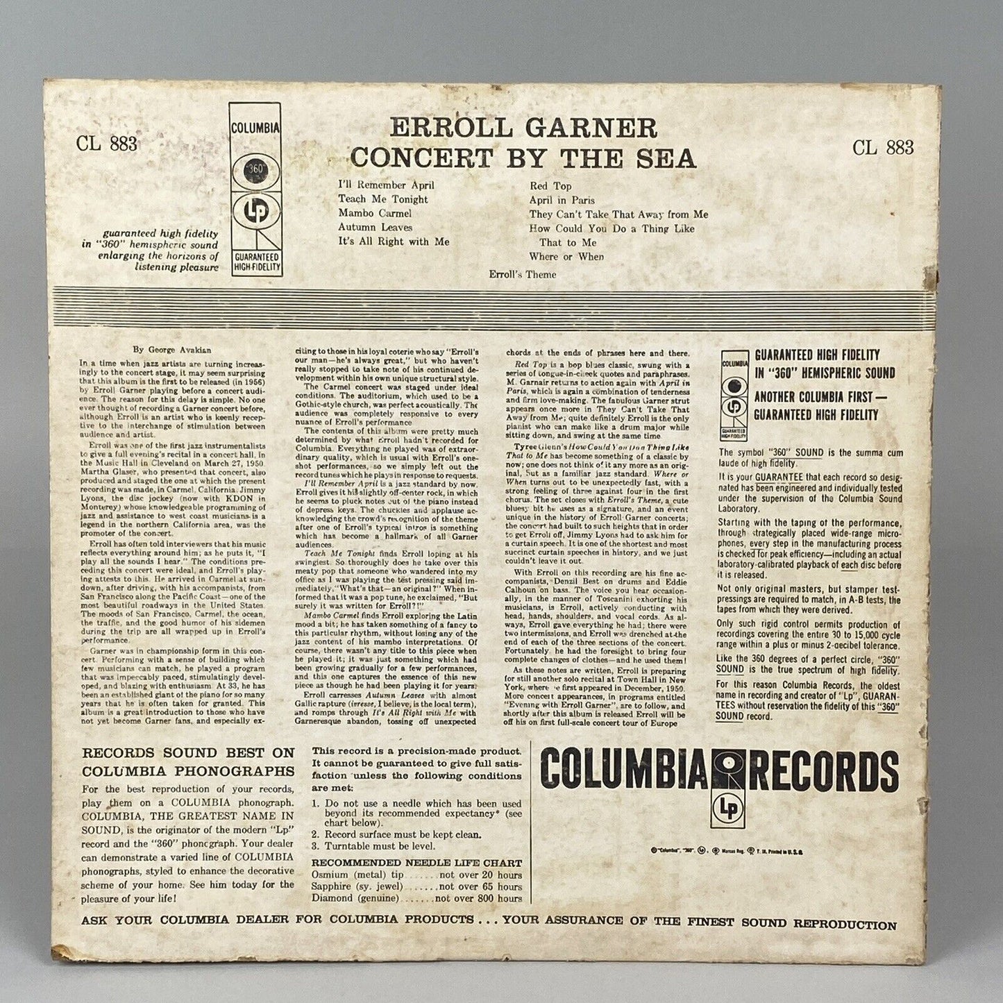 Concert by the Sea - Erroll Garner, Columbia Records Six Eye (6 Eye) Vinyl