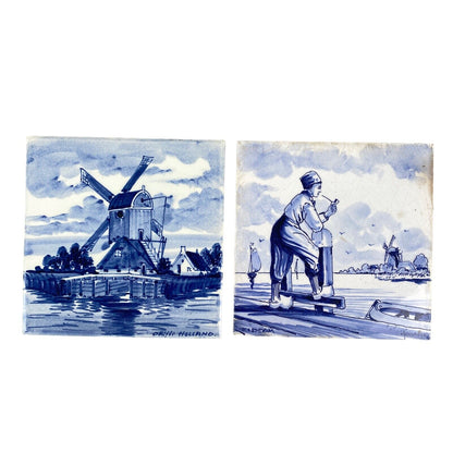 Lot of 2 - Hand Painted Delft Blue Holland 6" Windmill and Man with Pipe Tile