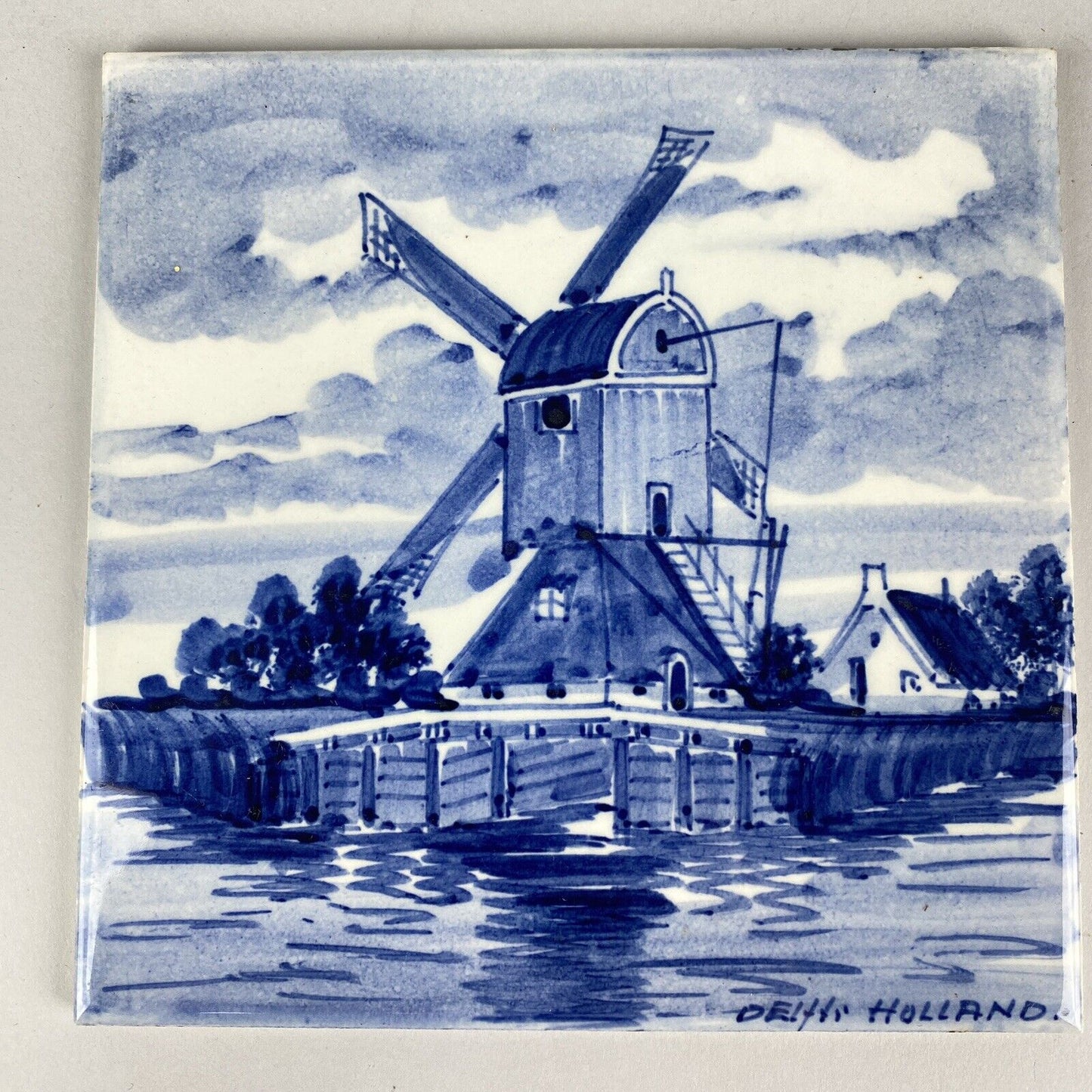 Lot of 2 - Hand Painted Delft Blue Holland 6" Windmill and Man with Pipe Tile