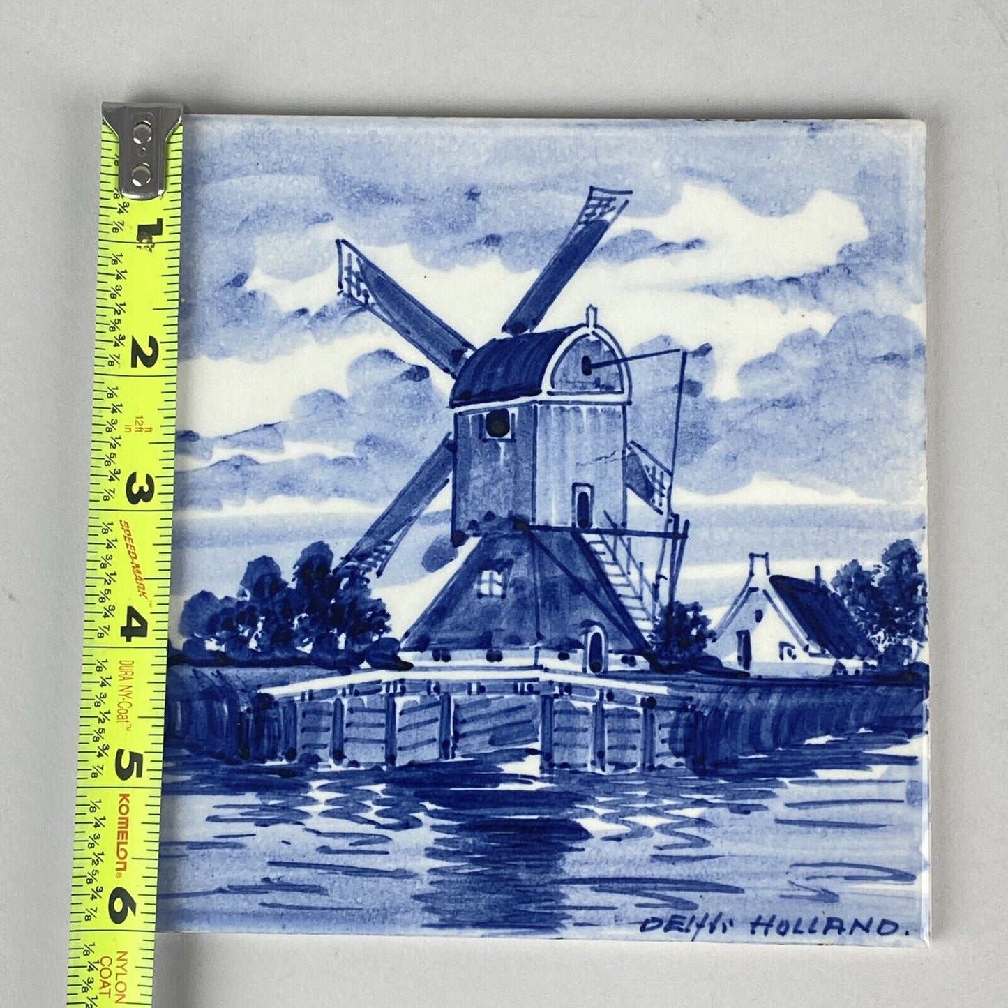 Lot of 2 - Hand Painted Delft Blue Holland 6" Windmill and Man with Pipe Tile