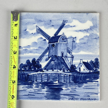 Lot of 2 - Hand Painted Delft Blue Holland 6" Windmill and Man with Pipe Tile