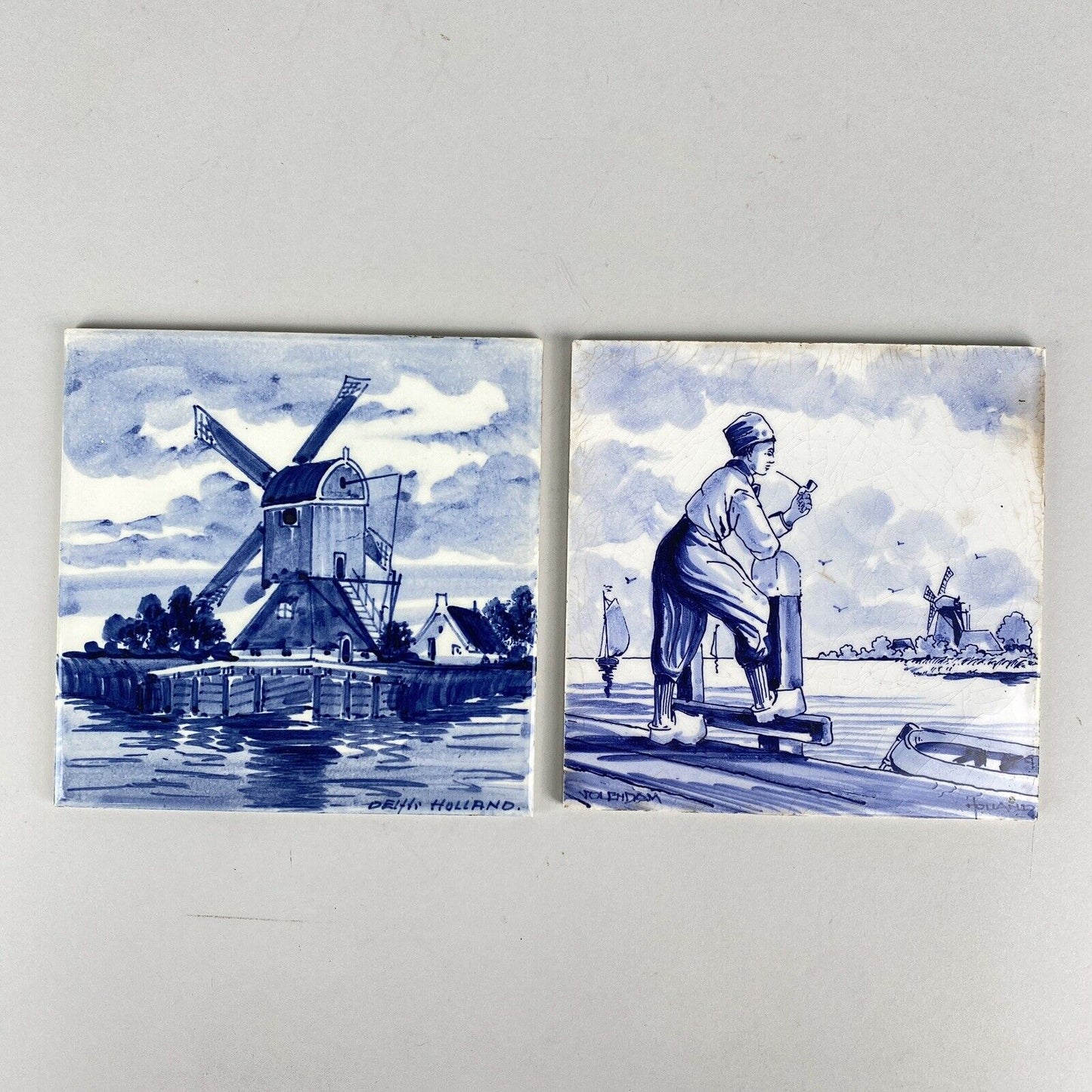 Lot of 2 - Hand Painted Delft Blue Holland 6" Windmill and Man with Pipe Tile