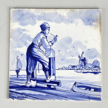 Lot of 2 - Hand Painted Delft Blue Holland 6" Windmill and Man with Pipe Tile