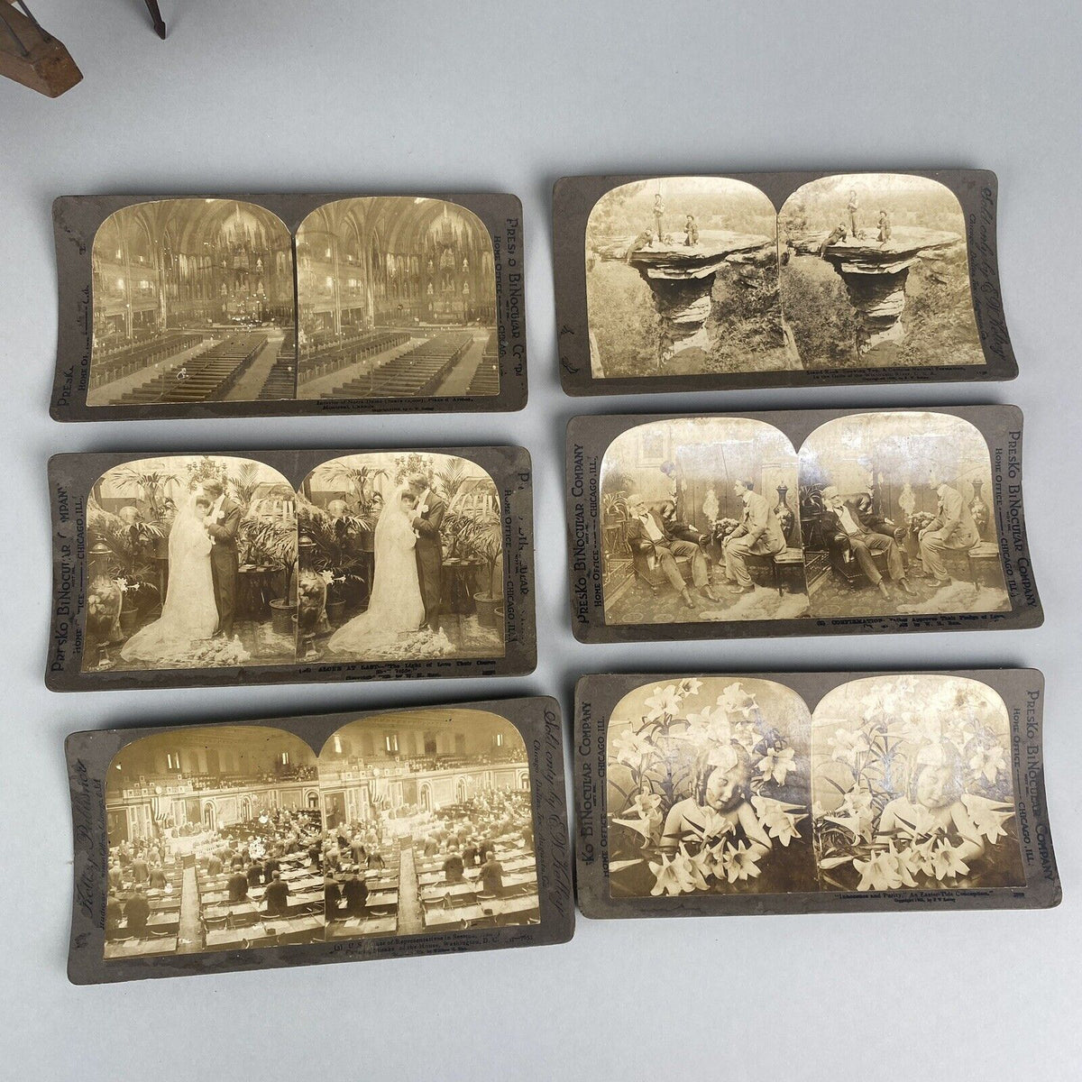 Presko Binocular  Co. Stereoview Picture Cards lot of 17 Victorian, with Viewer