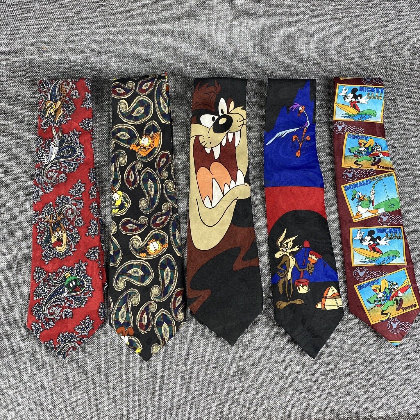 Lot of 5 Vintage Novelty Ties, Tax, Garfield, Road Runner, Mickey Disney