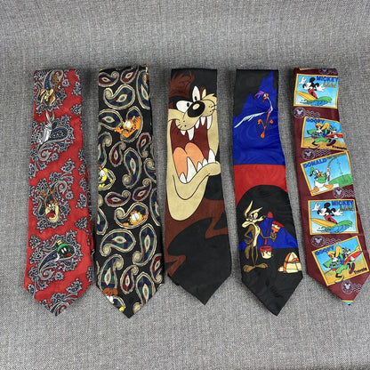 Lot of 5 Vintage Novelty Ties, Tax, Garfield, Road Runner, Mickey Disney