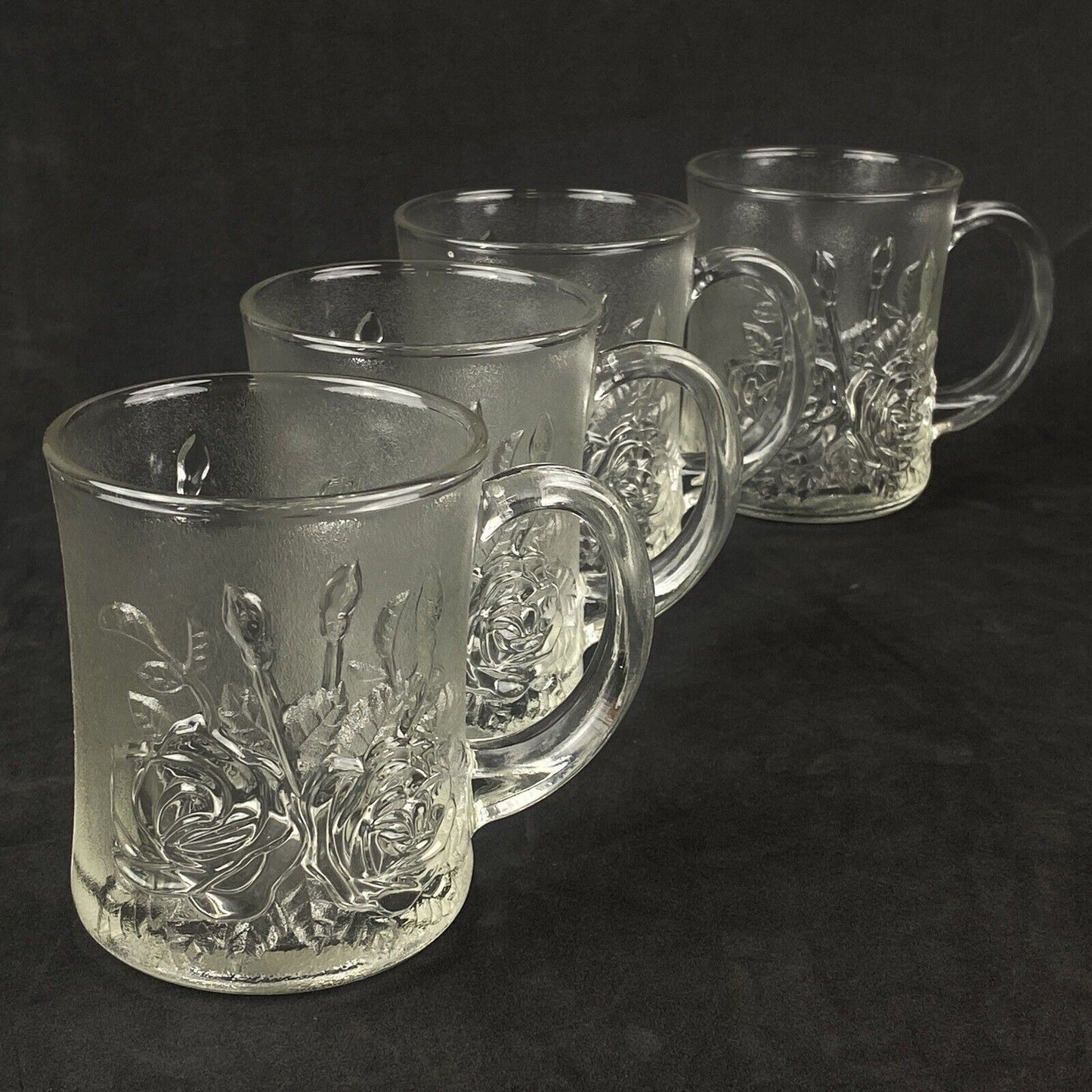 4 Vintage Clear Embossed Rose Glass Coffee Cups/ Mugs Kig Indonesia Pasari Livia