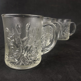 4 Vintage Clear Embossed Rose Glass Coffee Cups/ Mugs Kig Indonesia Pasari Livia