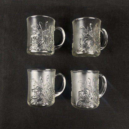 4 Vintage Clear Embossed Rose Glass Coffee Cups/ Mugs Kig Indonesia Pasari Livia