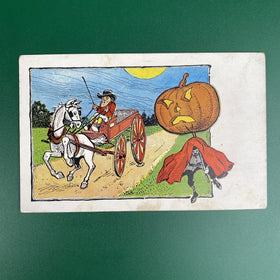 Antique Halloween Postcard  Pumpkinhead Man and Wagon 1900s