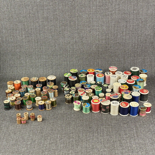 Lot of 108 Vintage Spools of Thread Sewing Color Variety Wooden & Plastic