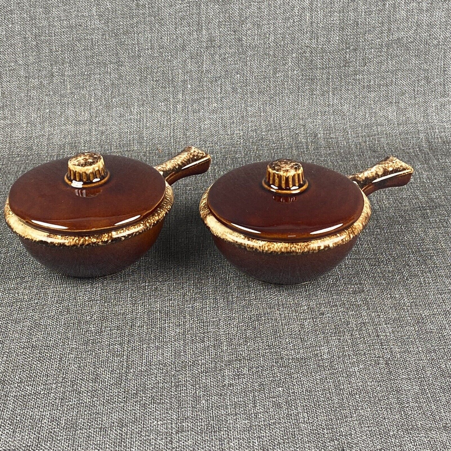 2 Hull Pottery Brown Drip Soup Bowl w/Handle and Lid Oven Proof Made In Ohio USA