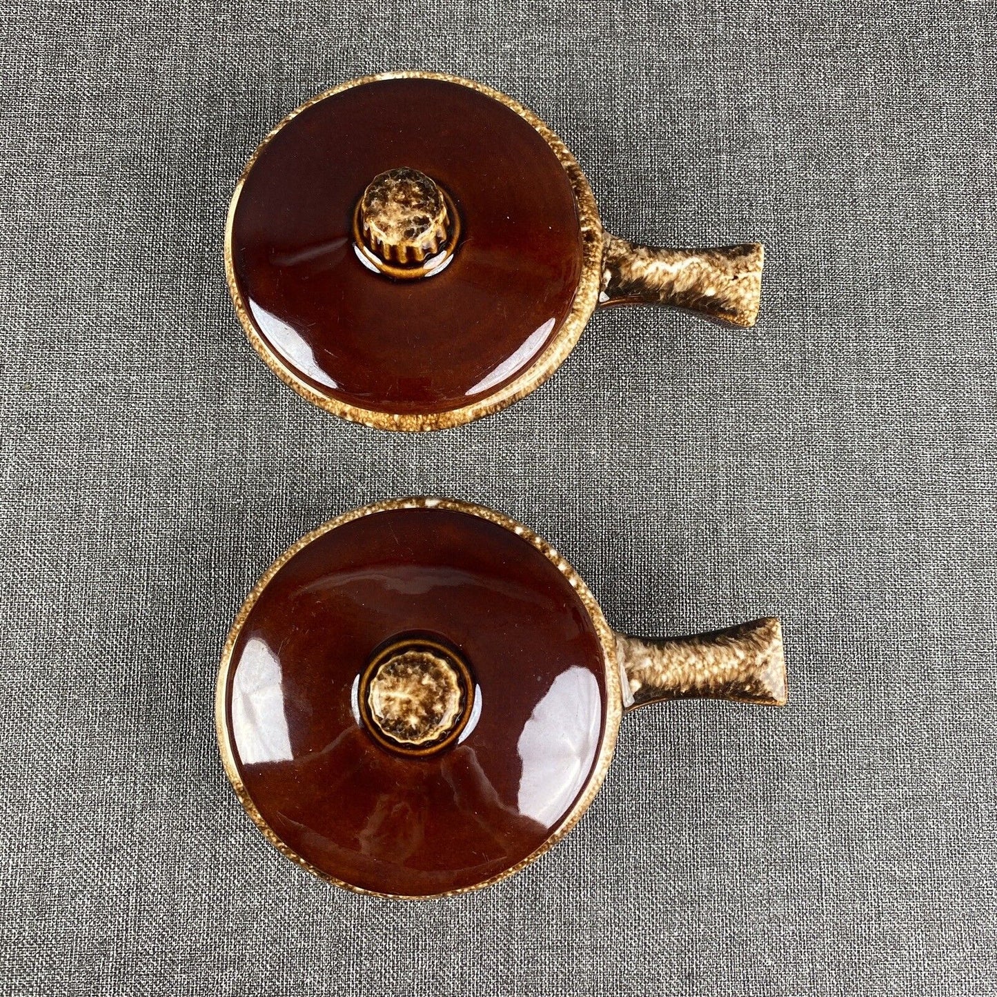 2 Hull Pottery Brown Drip Soup Bowl w/Handle and Lid Oven Proof Made In Ohio USA