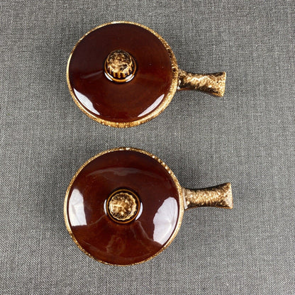 2 Hull Pottery Brown Drip Soup Bowl w/Handle and Lid Oven Proof Made In Ohio USA