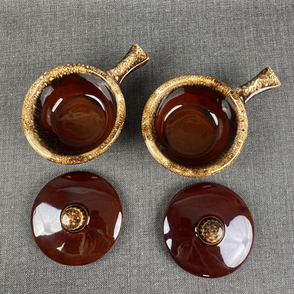 2 Hull Pottery Brown Drip Soup Bowl w/Handle and Lid Oven Proof Made In Ohio USA