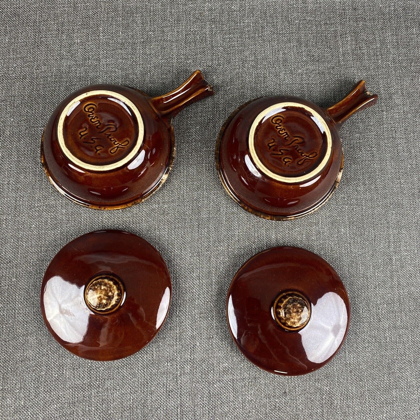 2 Hull Pottery Brown Drip Soup Bowl w/Handle and Lid Oven Proof Made In Ohio USA